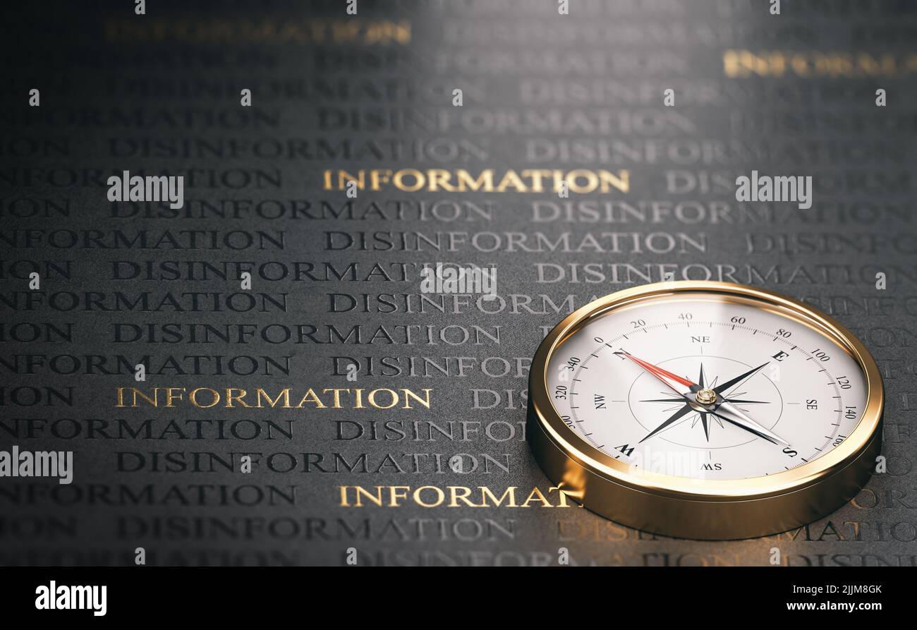 3d illustration of a compass over black and golden background with the words disinformation and information. Concept of finding good and credible sour Stock Photo