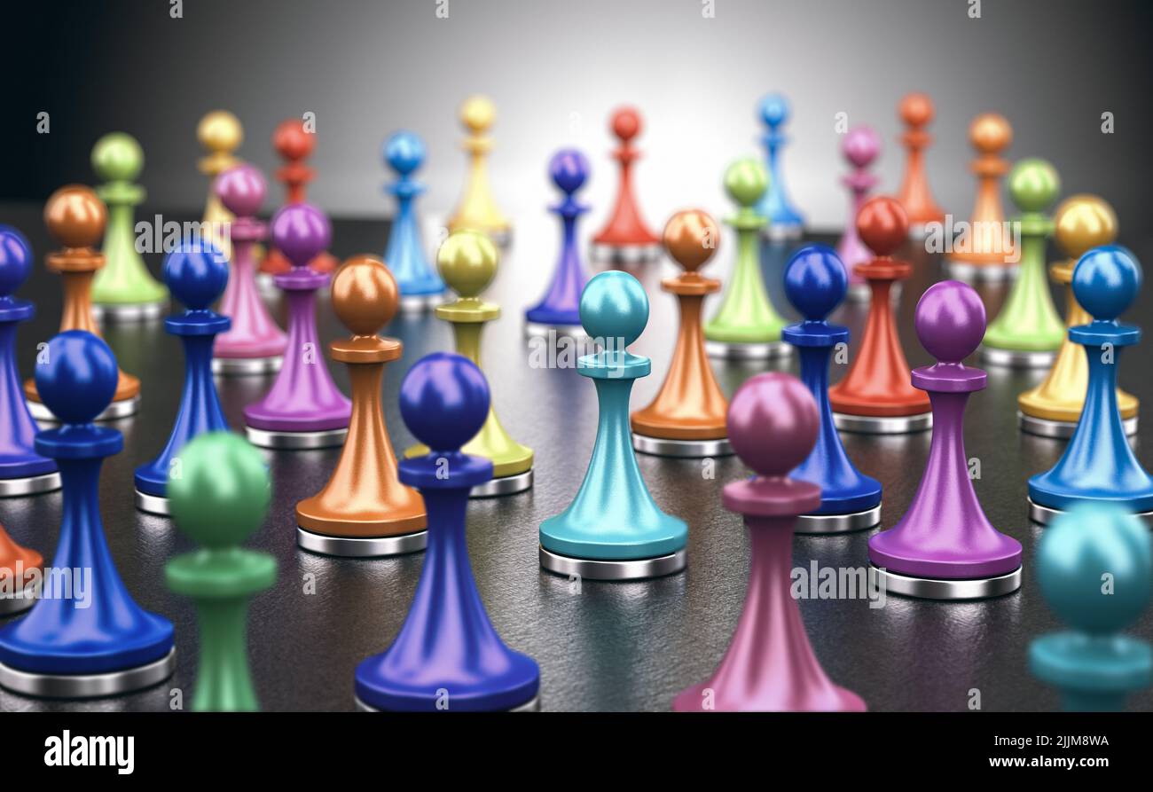 many pawns with different colors over black background. concept of social mixity or cultural diversity. Stock Photo