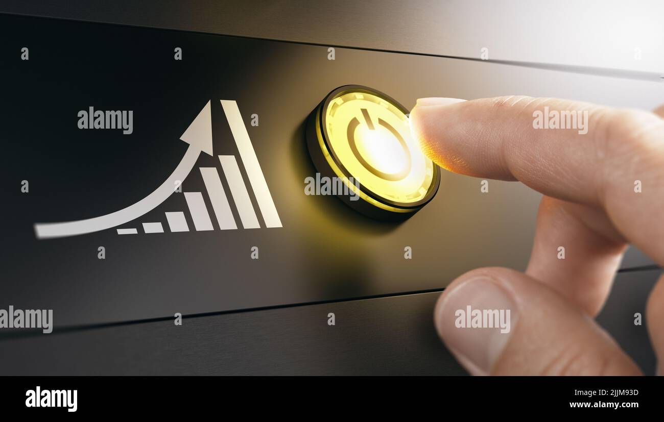 Image pressing a yellow start button to boost the traffic of a website. Concept of improving performance with SEO strategy. Stock Photo