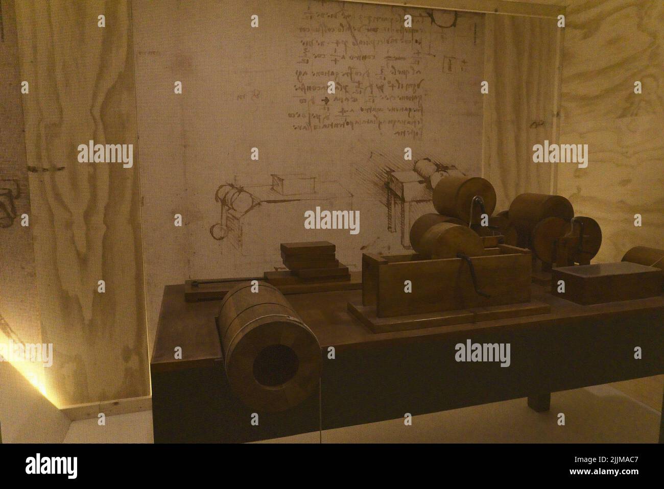 A closeup of pulley machines made from Leonardo's sketches at Leonardo da Vinci Museum, Milan, Italy Stock Photo