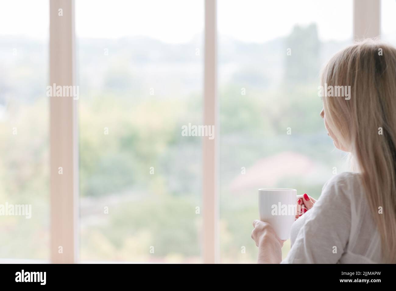 morning beverage woman look window hold drink Stock Photo