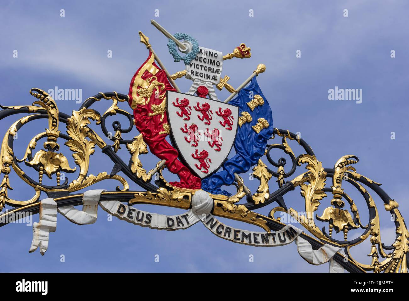 Warrington town crest on the town hall gates. Stock Photo