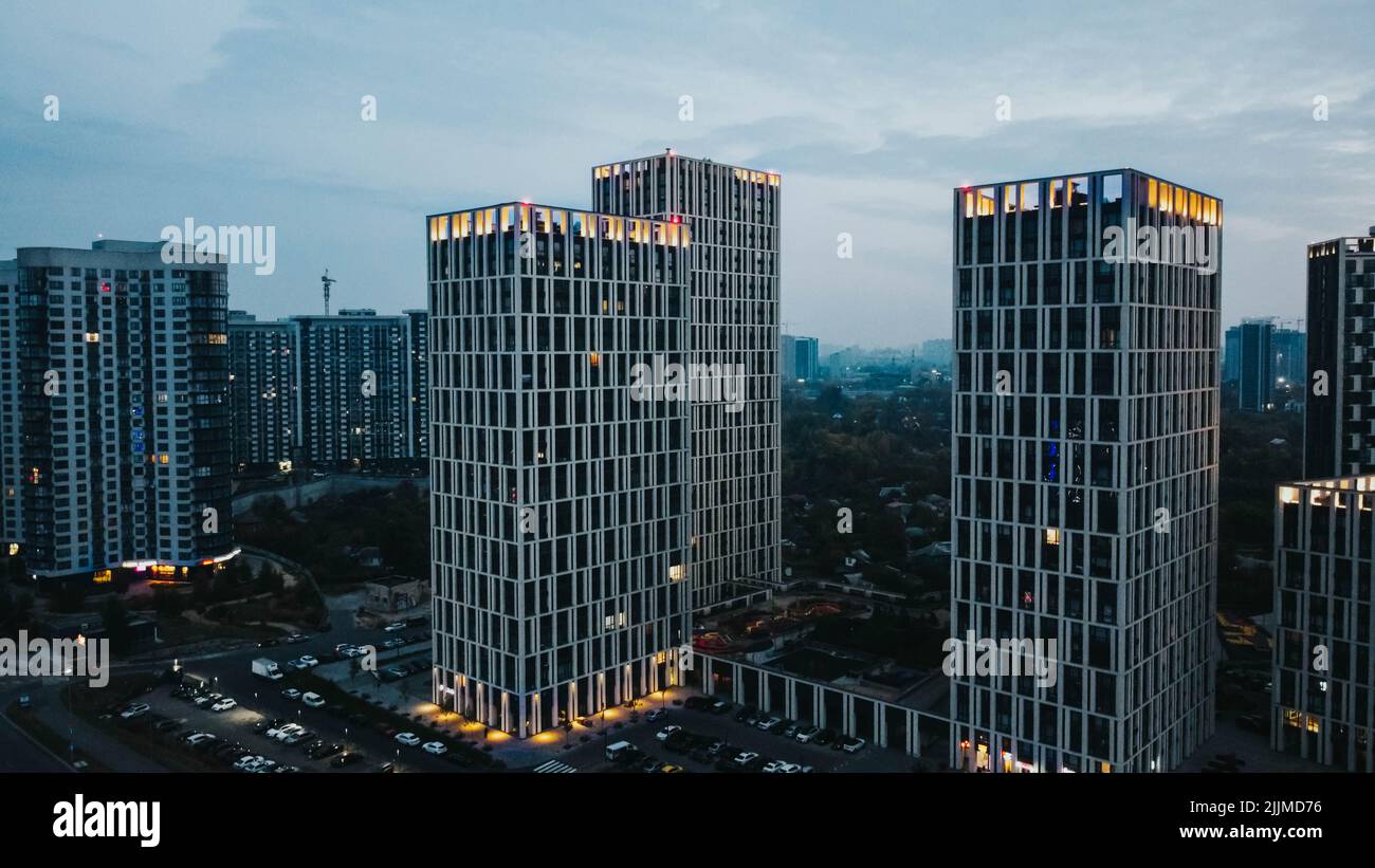 The high angle shot of skyscrapers in Osokorki, Ukraine, Kyiv Stock