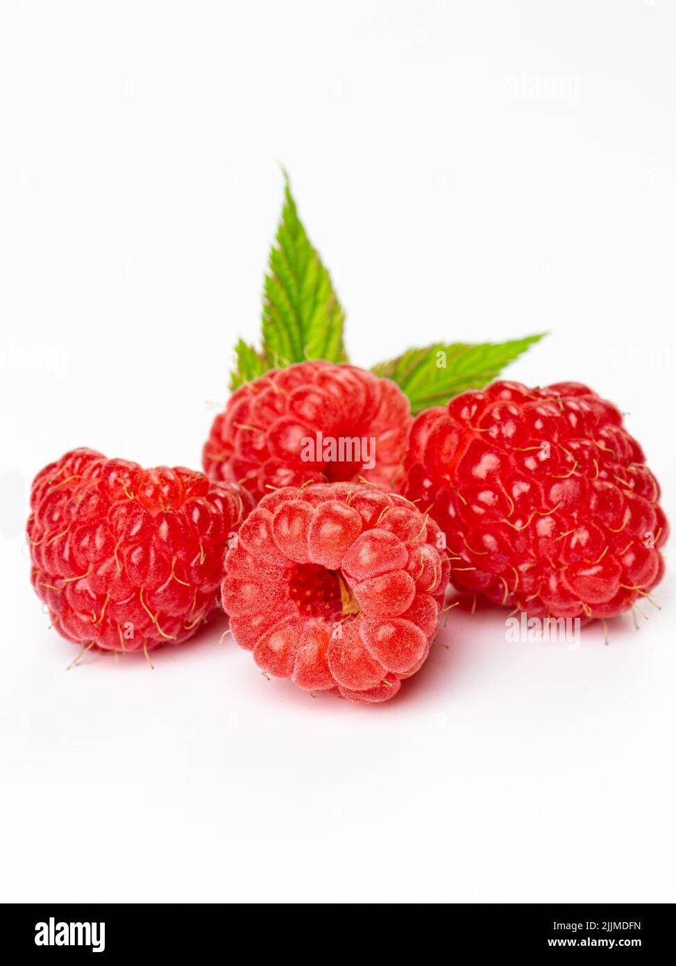 Isolated berries. Bunch of raspberry fruits with leaves isolated on ...