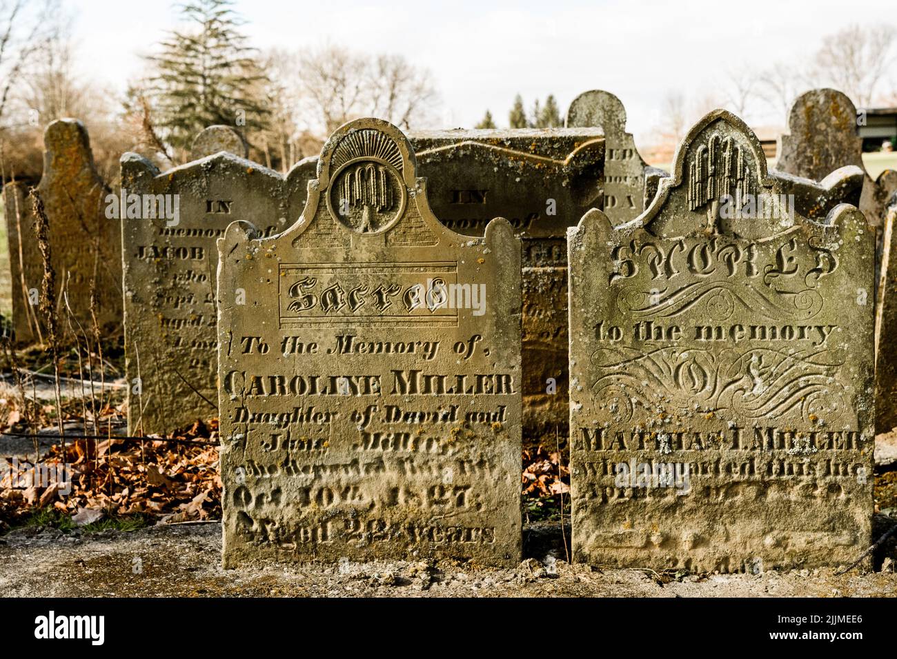 A closeup of cemetery and historic grave marker in Lebanon, Ohio Stock