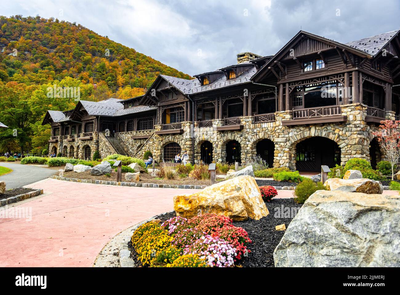 A closeup of a Mountain lodge on a fall day Stock Photo