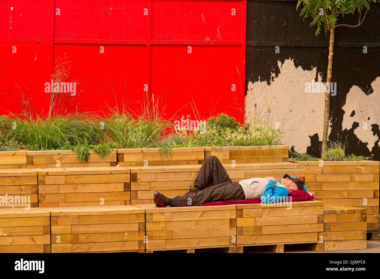 Swansea Wales UK Man taking an impromptu nap outdoors on wooden structure. Red hoarding and plants in background. Stock Photo