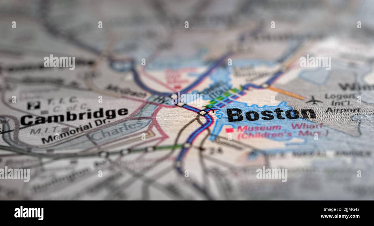 Travel to locations on map views paper destinations Boston Stock Photo