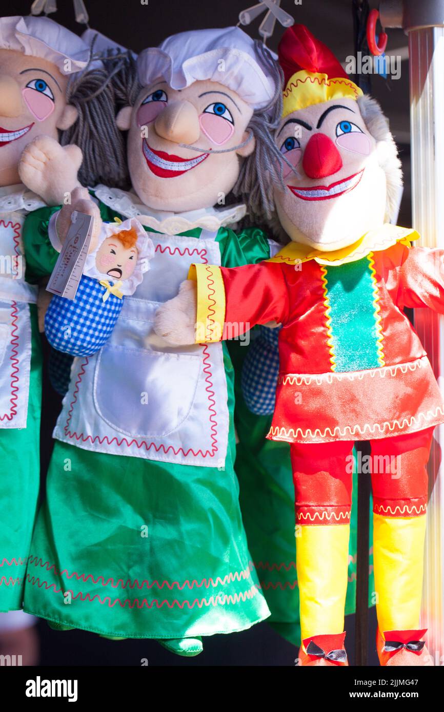 Traditional British Punch and Judy Puppets for Sale at a Fete Stall in