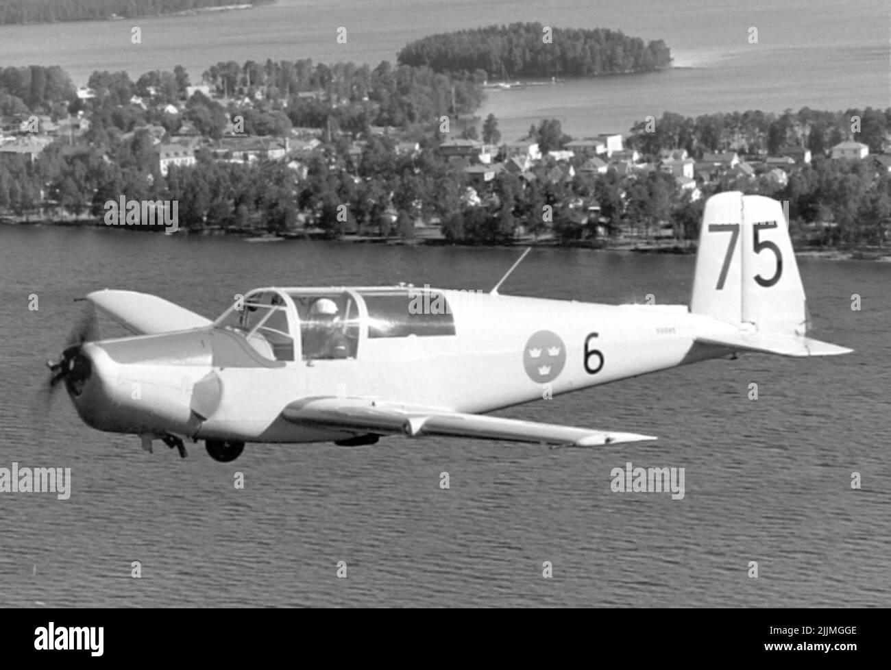 F6 Karlsborg. Aircraft SK 50 C over Lake Botten. Stock Photo
