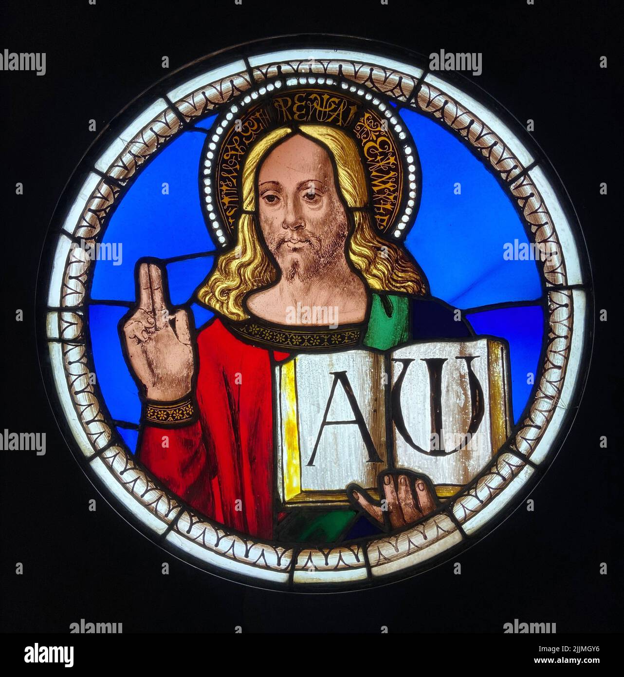 Jesus Christ benissant - Christ Blessing - workshop of Domenico Ghirlandaio - stained glass late 15th century. from the church of San Francesco in colle di val d'Elsa. San Sepolcro - Museo Civico Stock Photo