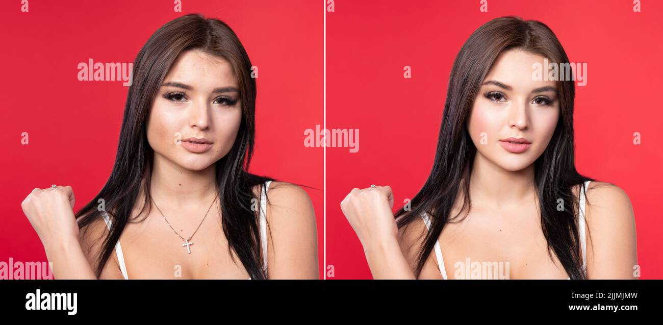 Photo before and after retouch. Beautiful brunette on a red background. The work of a retoucher in a photo editor Concept editing, photo retouching. Stock Photo