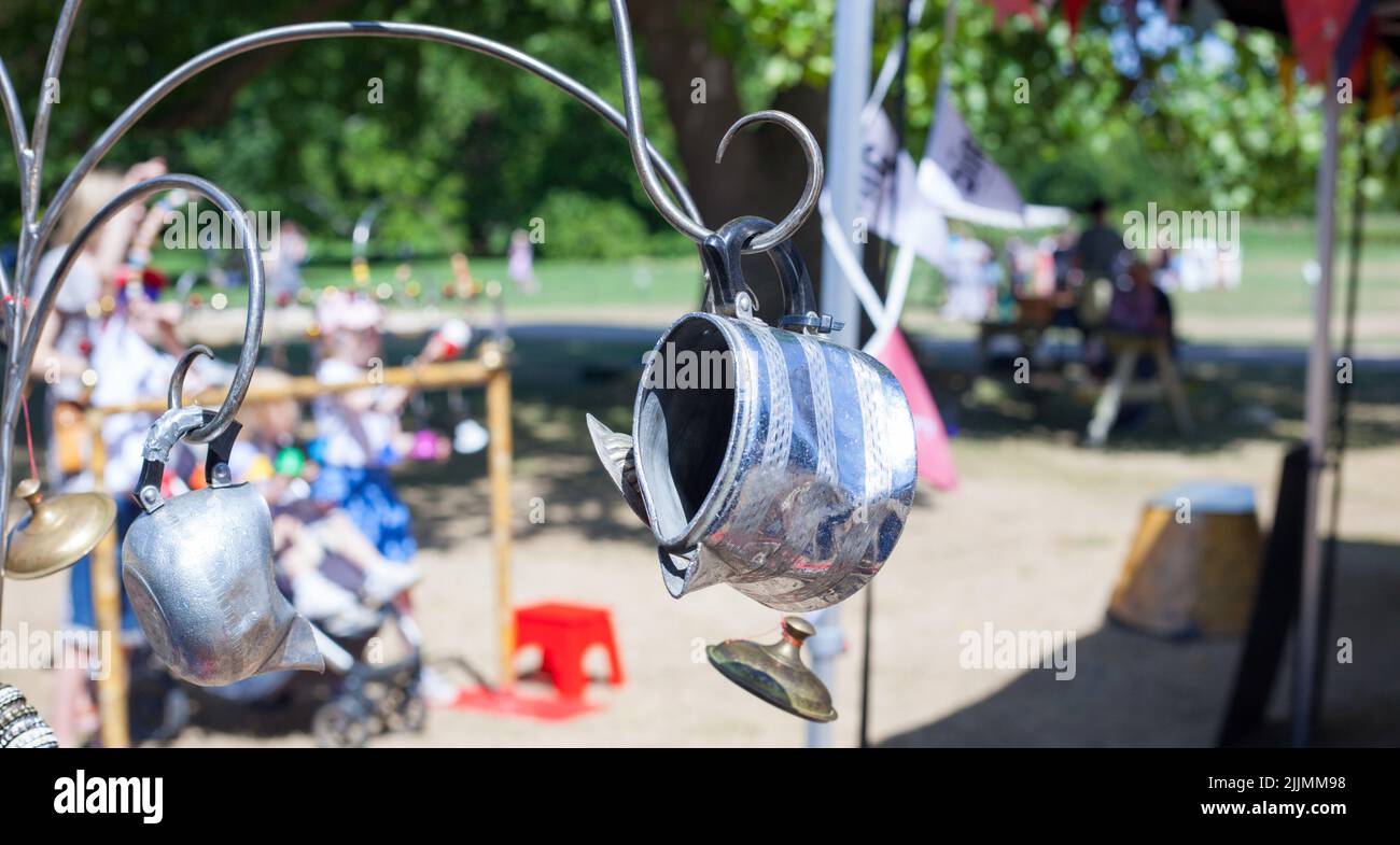 Close-up of a musical rig created from everyday objects that have been ...