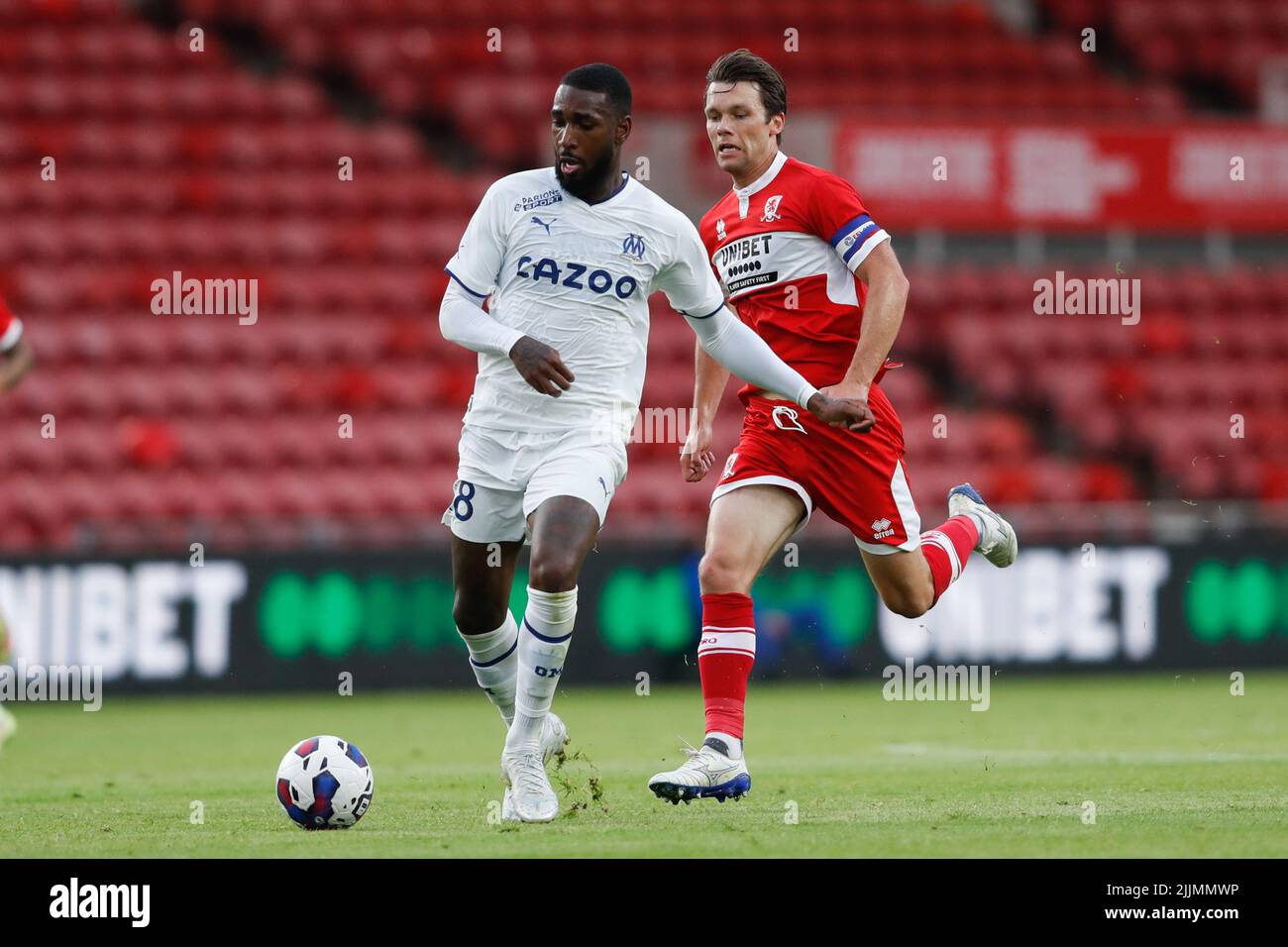 Marseille's Gerson and Middlesbrough's Jonny Howson battle for the ball during a pre-season friendly match at Riverside Stadium, Middlesbrough. Picture date: Friday July 22, 2022. Stock Photo