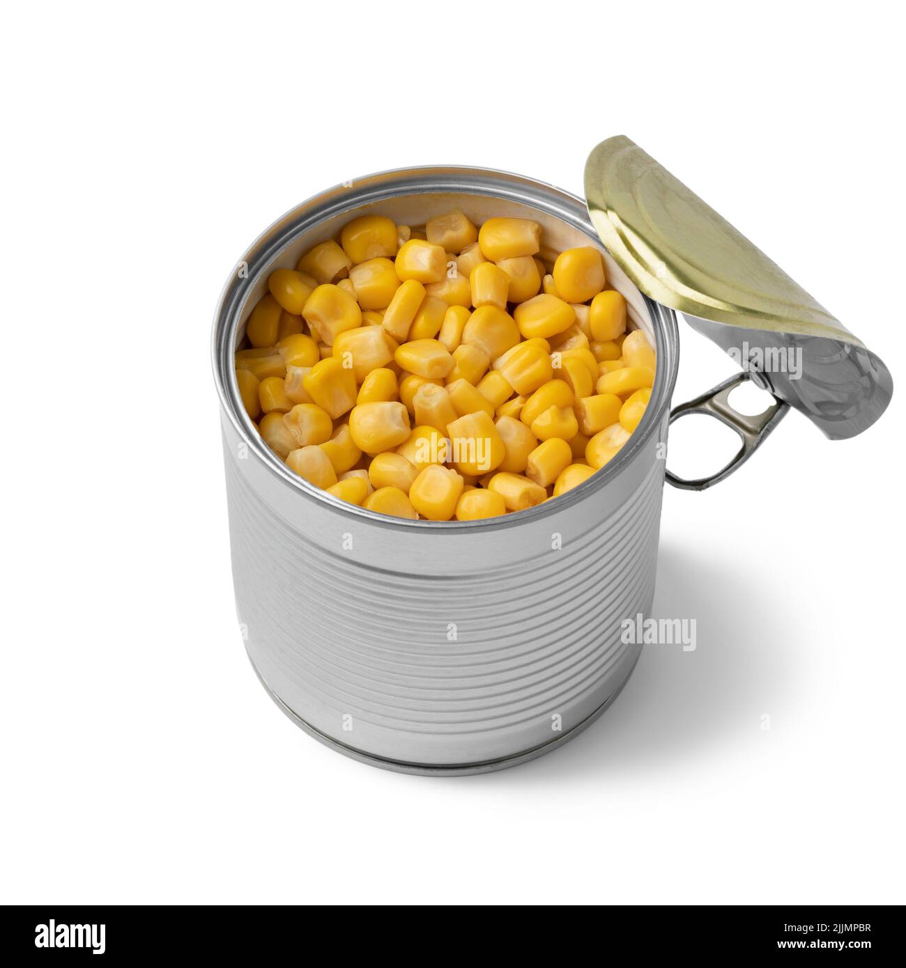 Open tin can with preserved corn isolated on white background Stock Photo