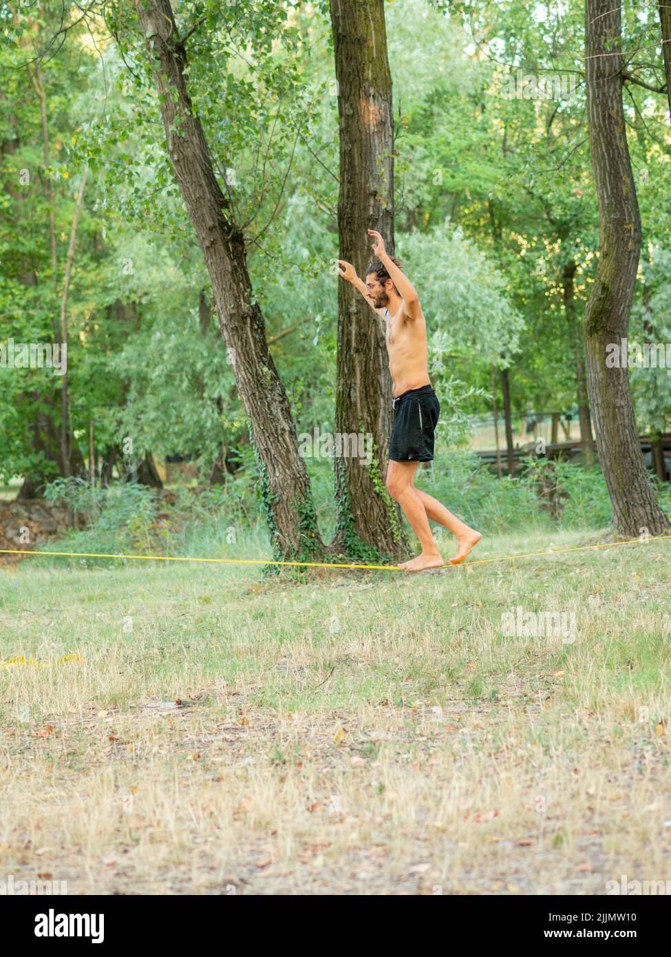 highliner training with line in nature Stock Photo Alamy