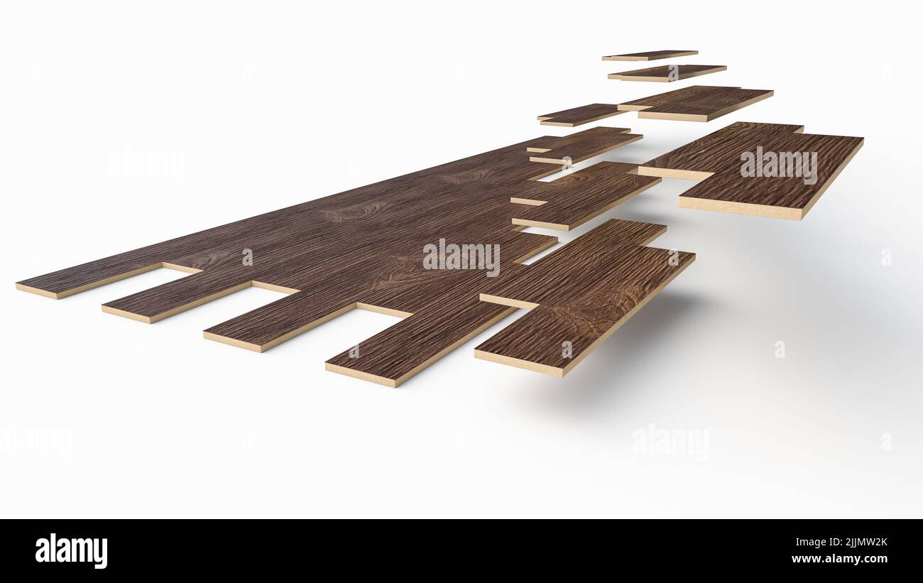 A 3D rendering of wood flooring installation fixing parquets on floor isolated on a white background Stock Photo