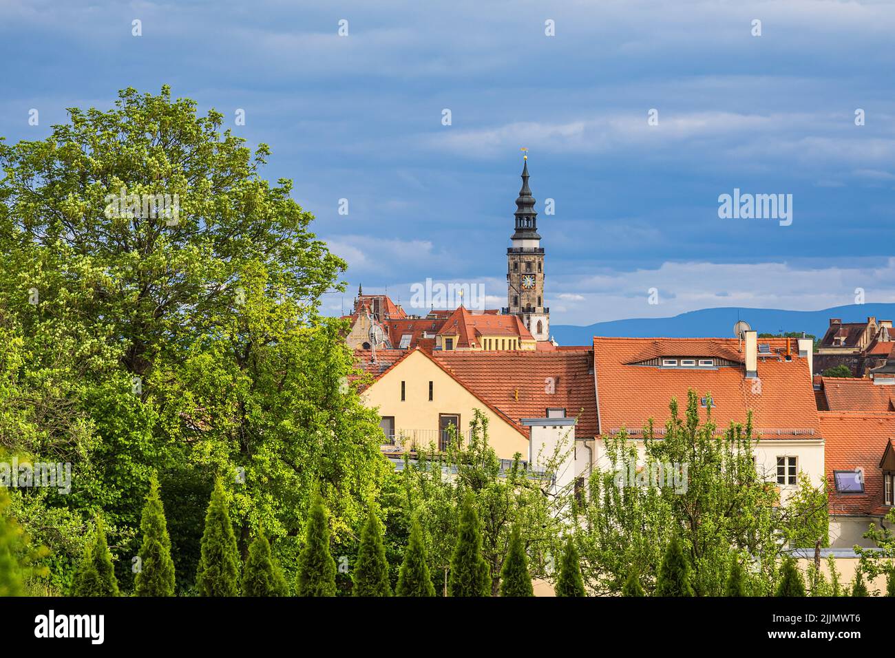 View to the tower of the city hall in Goerlitz, Germany. Stock Photo