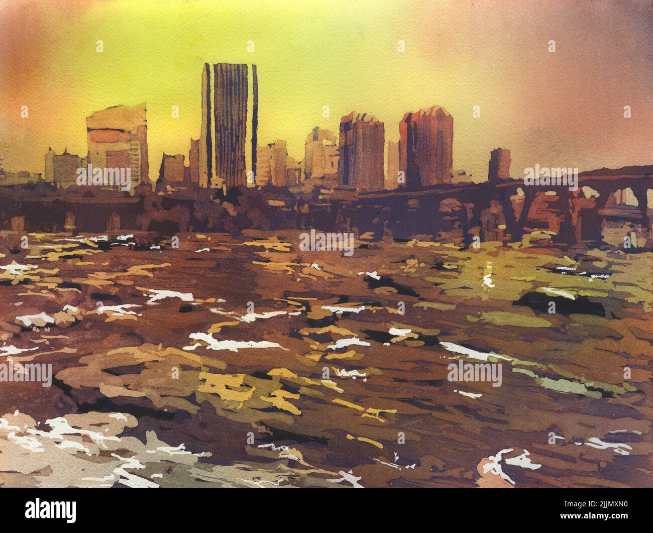 Richmond, VA skyline watercolor painting. Fine art skyline Richmond
