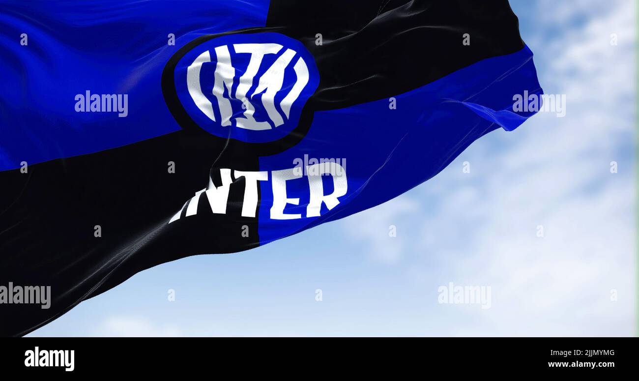 Milan, Italy, July 2022: The flag of Inter Football Club waving in the wind. Inter is a professional football club based in Milan, Italy Stock Photo