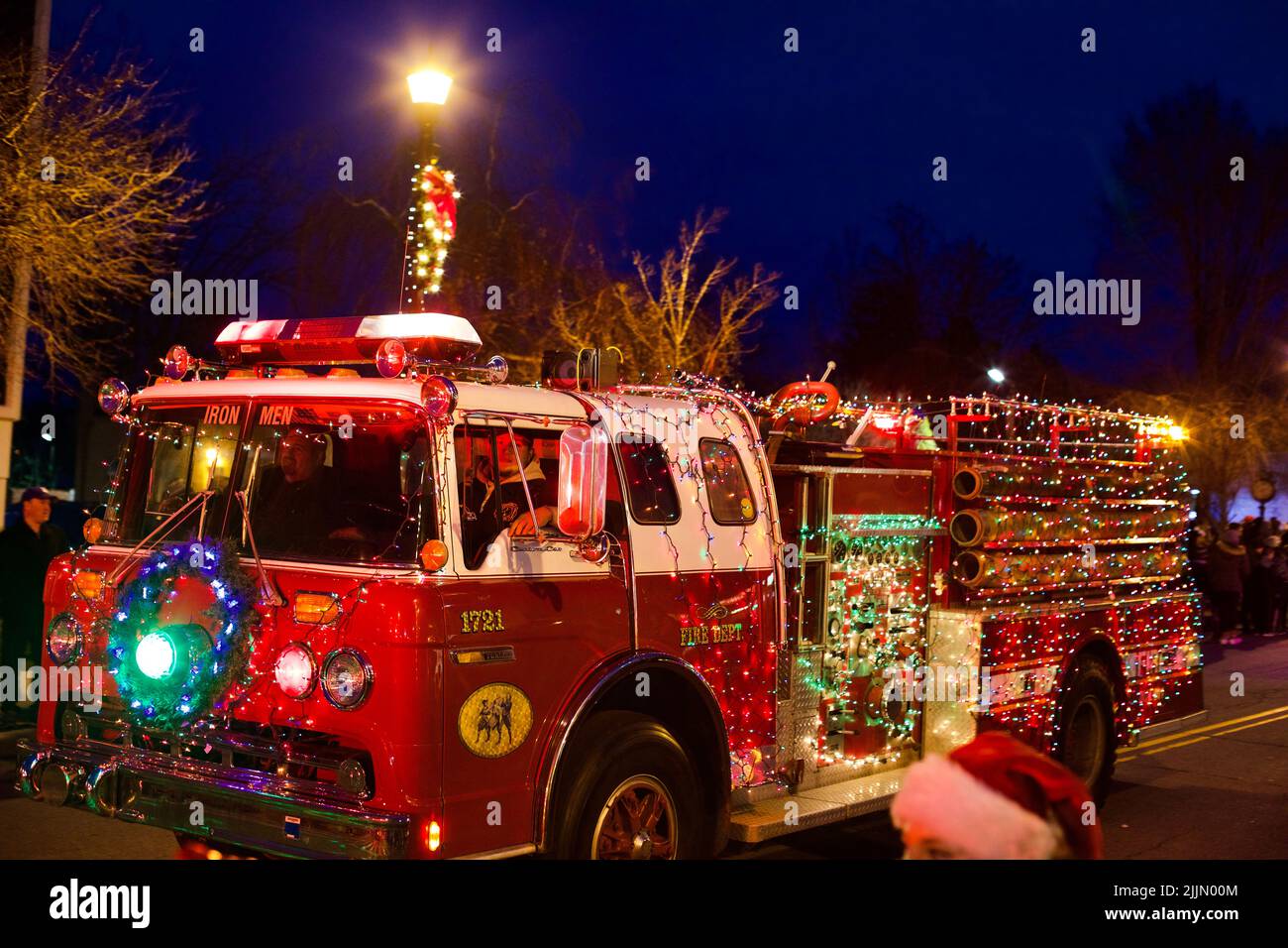 The lights on a fire engine during the Yorktown Christmas light Parade. United States. Stock Photo