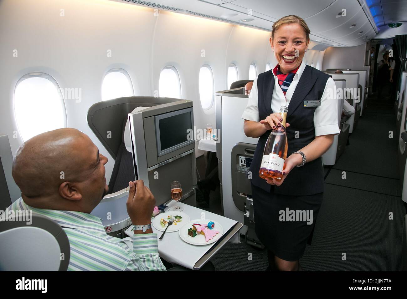 British Airways cabin crew in original cabin clothing from 1958 BOAC  transatlantic flight, photographed on a cross atlantic flight to New York,  USA Stock Photo - Alamy