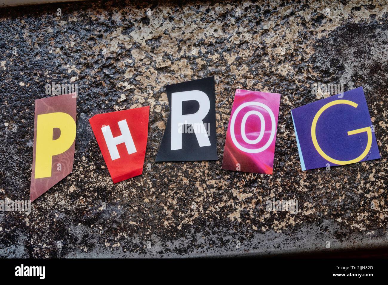 The Word 'Phrogs'  is spelled out in ransom note style typography, USA Stock Photo