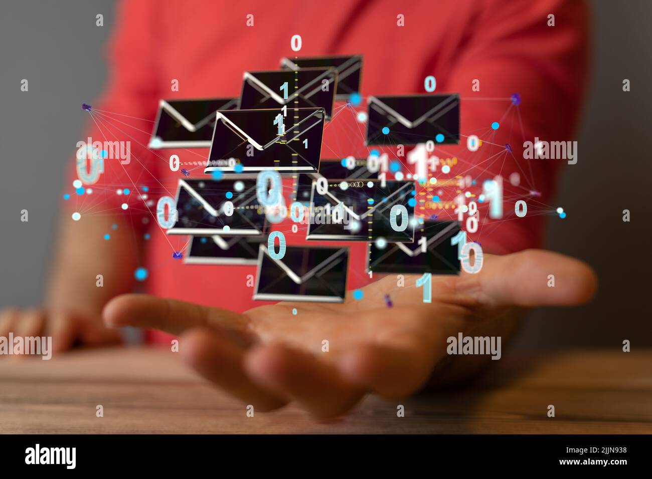 The 3d rendered email icons hovering over a man's hand Stock Photo - Alamy