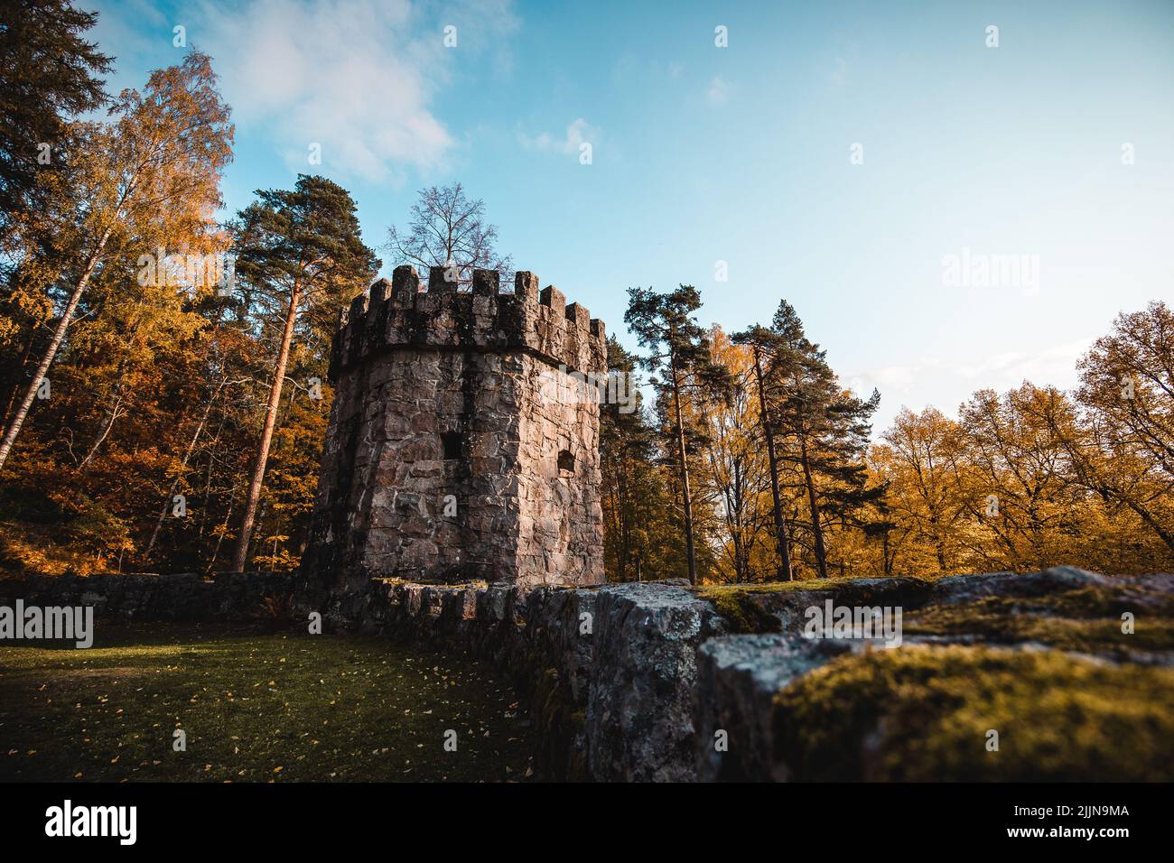 A low angle shot of Aulanko castle surrounded by autumn trees in daylight Stock Photo
