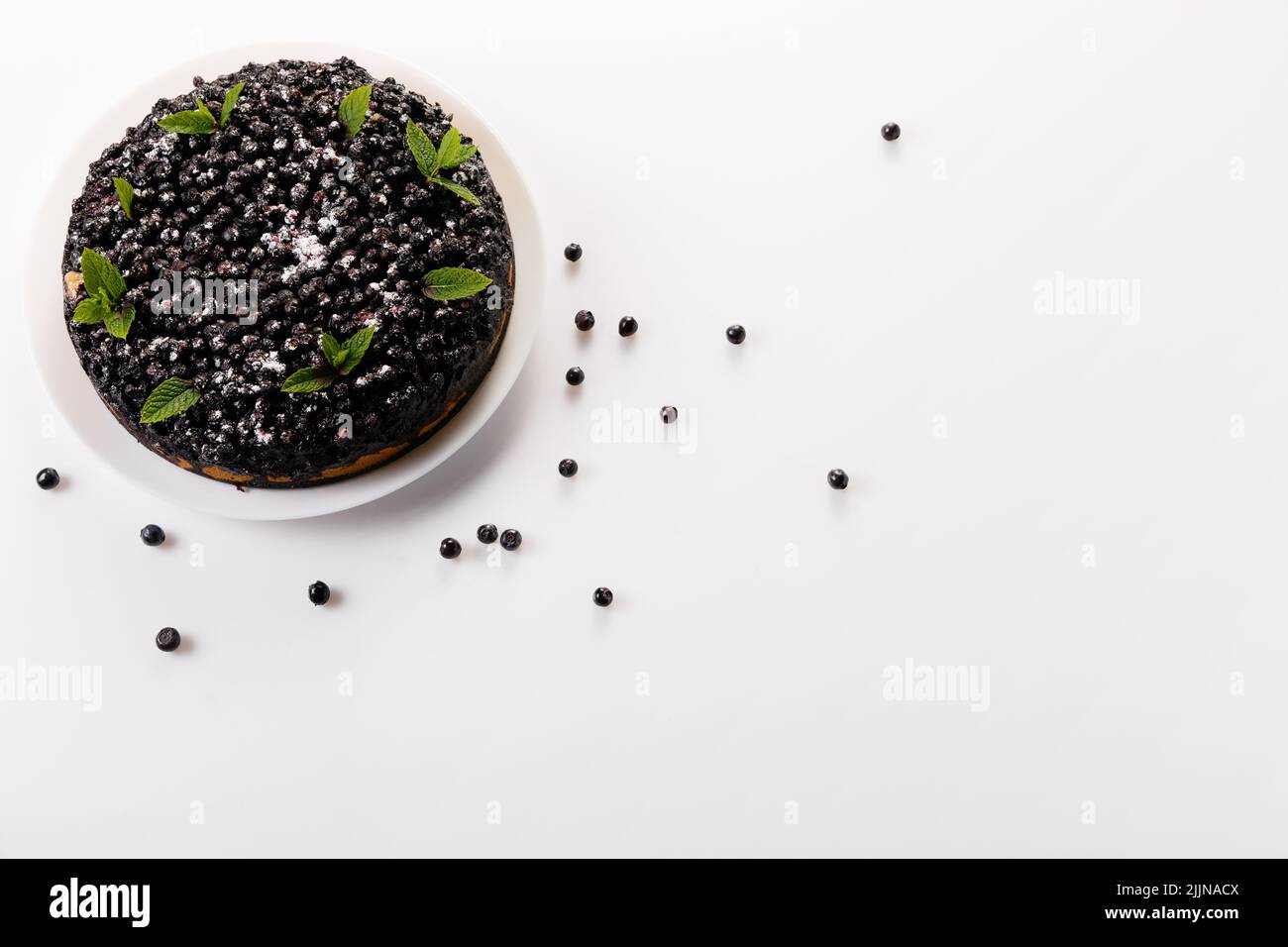 Blueberry pie with mint on a white plate on a white background, top view horizontal close-up Stock Photo