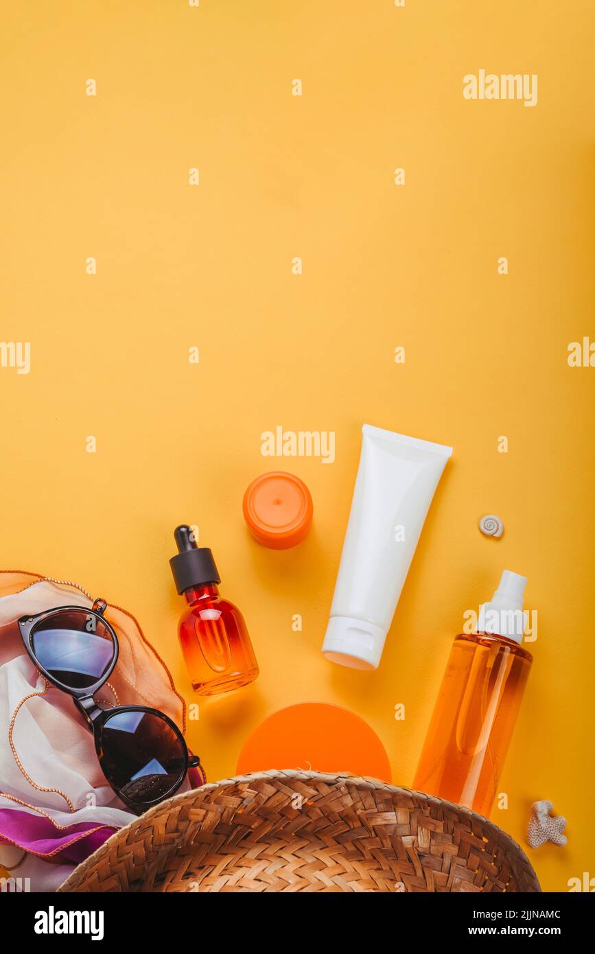 Set of accessories for sun protection on the beach in summer and on