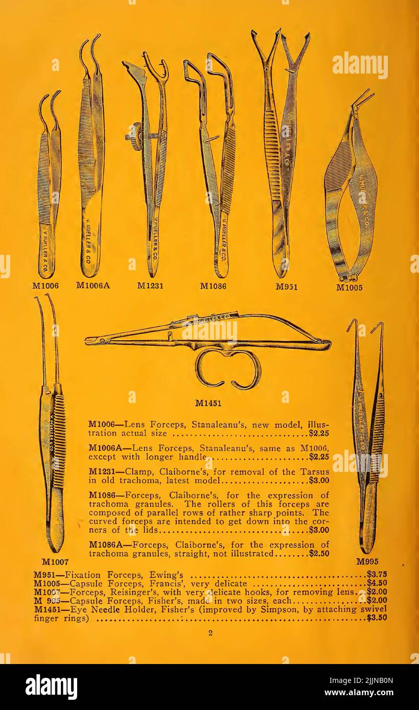 A yellow page from a 19th century medical catalog Stock Photo