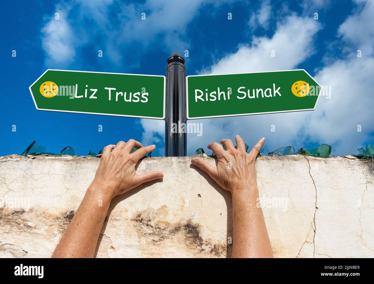 Liz Truss and Rishi Sunak names on sign with sad face emoji. Tory, Conservative party leadership campaign concept. Stock Photo