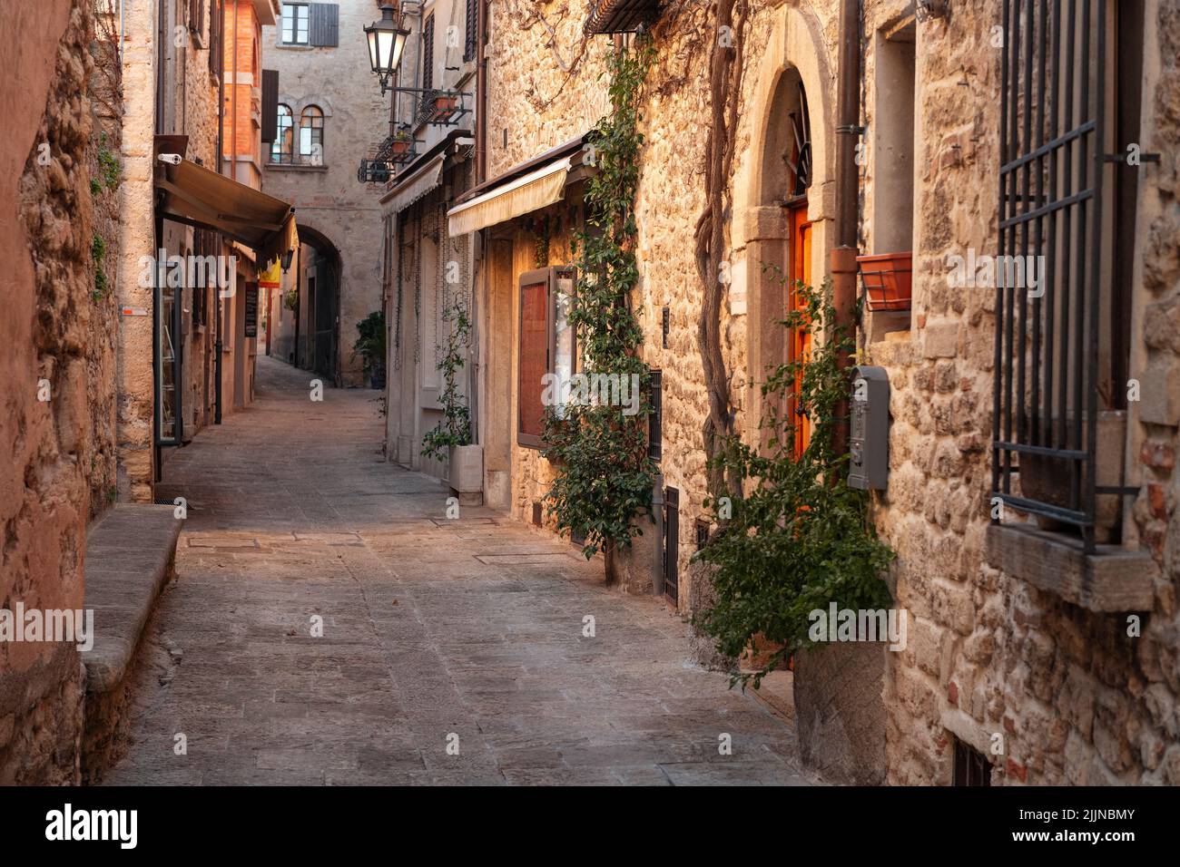 City of San Marino,  Republic of San Marino narrow medieval alleyways. Stock Photo