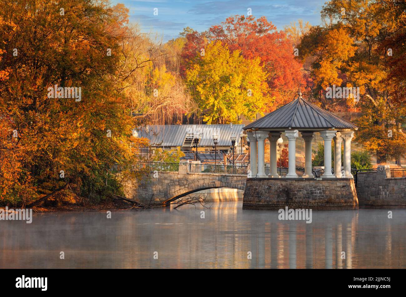 Gazebo at Lake Meer in Piedmont Park in Atlanta, Georgia during autumn season. Stock Photo