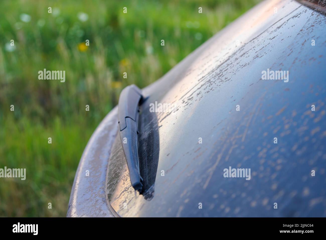 Dirty car glass with wiper and third brake light, rear window covered