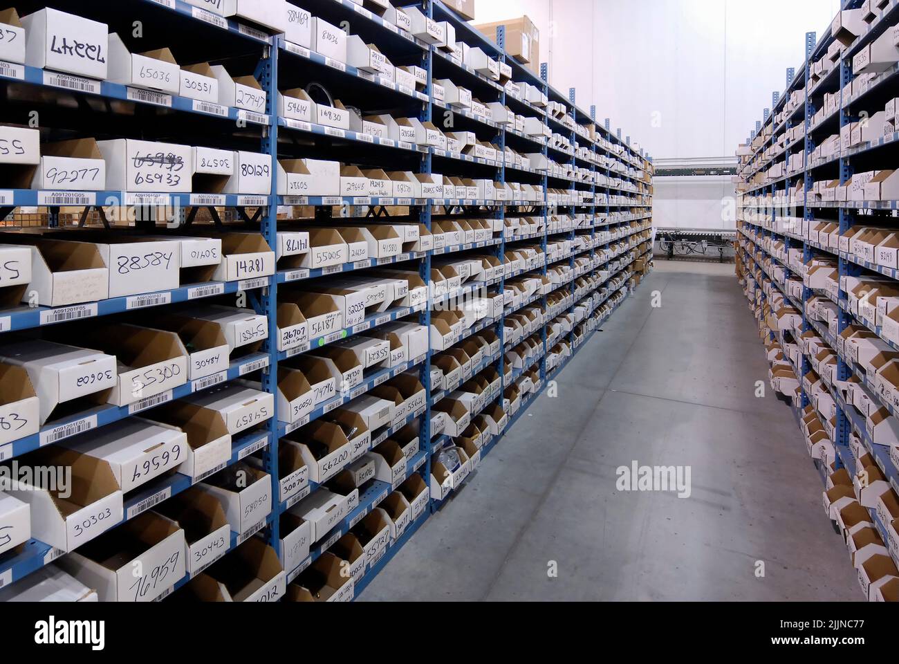 The Products on shelves in a large warehouse in Saint Louis, Missouri