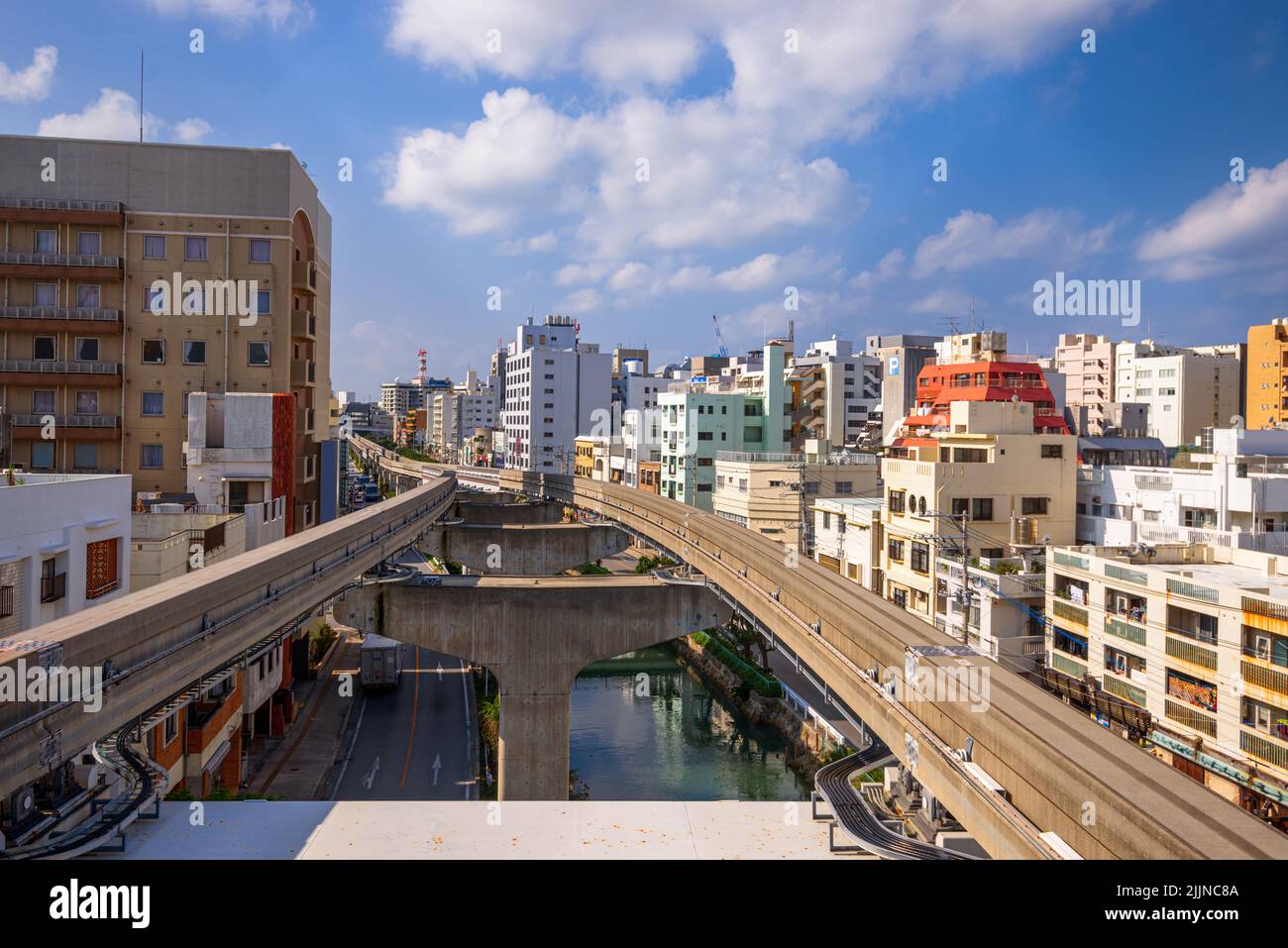 Naha, Okinawa, Japan city skyline from the monorail. Stock Photo