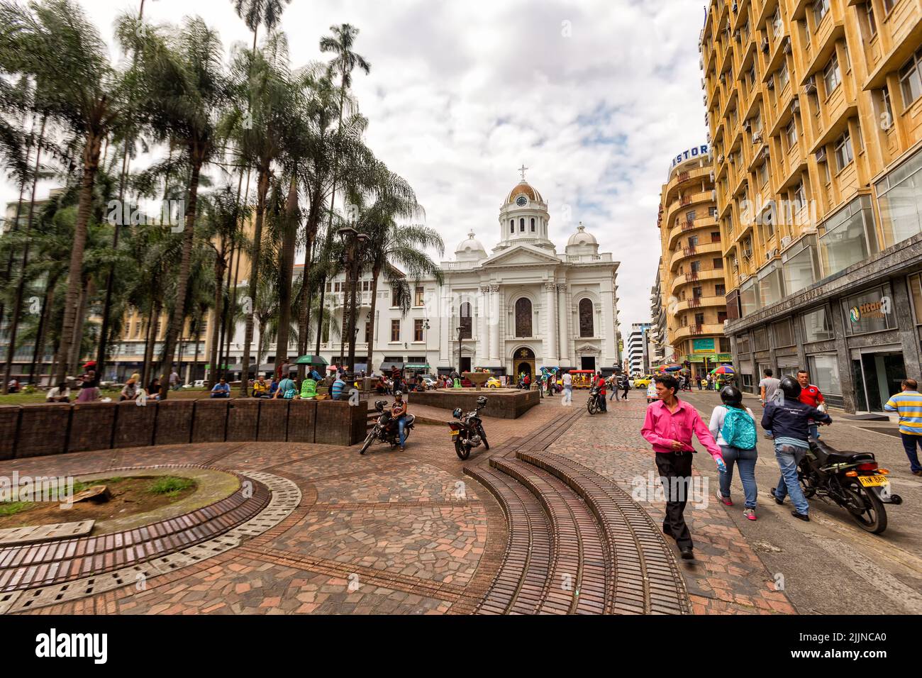 The people walking through the Plaza de Caicedo in Cali, Colombia on June 10, 2016. Stock Photo