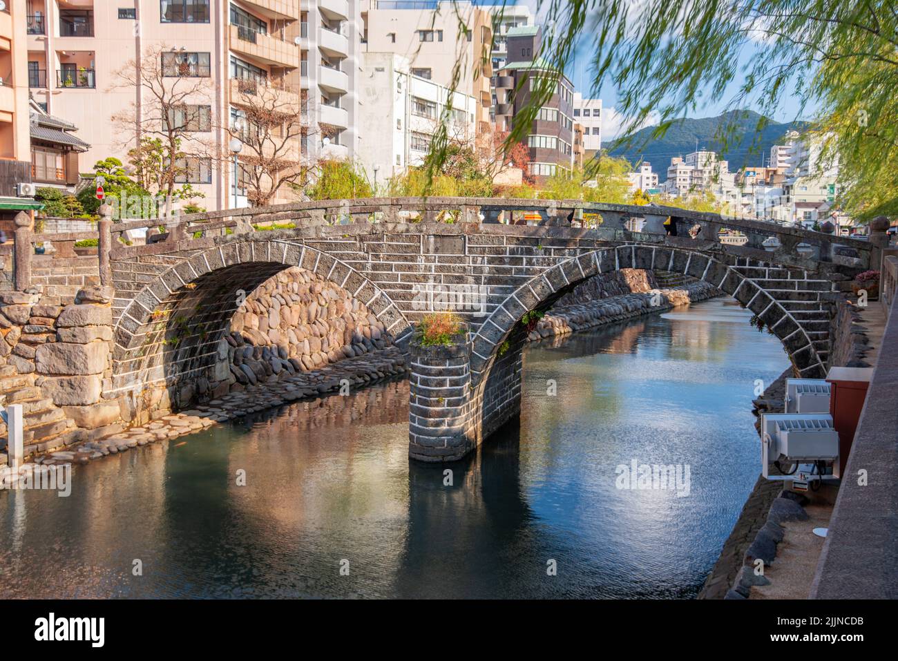 Nagasaki, Japan at  Megane 'Spectacles' Bridge. Stock Photo
