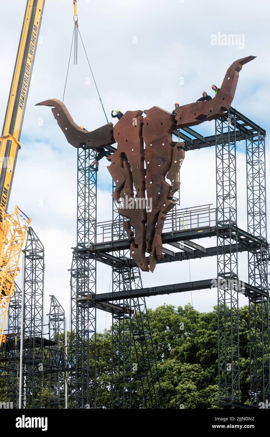 Wacken, Germany. 27th July, 2022. Workers assemble the Wacken Skull