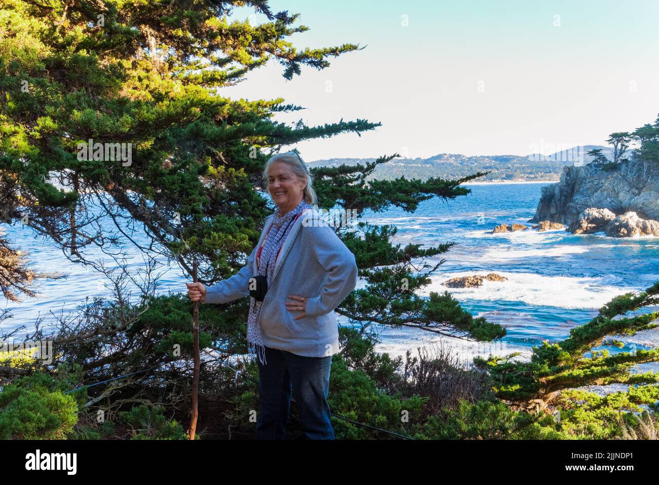 Senior Woman Hiking Among Monterey Cypress Trees of  Cypress Cove, Point Lobos State Natural Reserve, Big Sur, California, USA Stock Photo