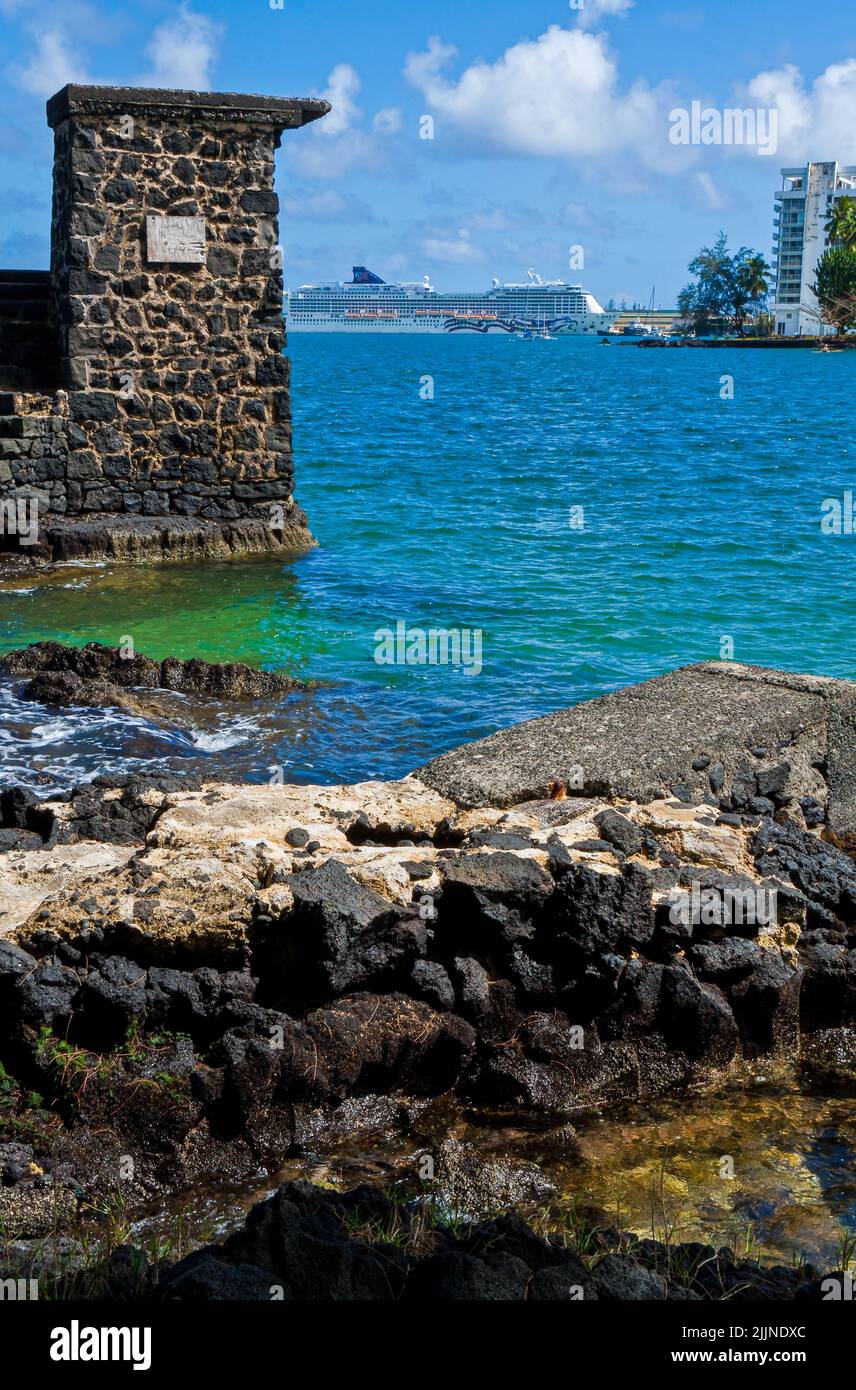 Cruise Ship at Port and Old Tower From Coconut Island Park, Hilo