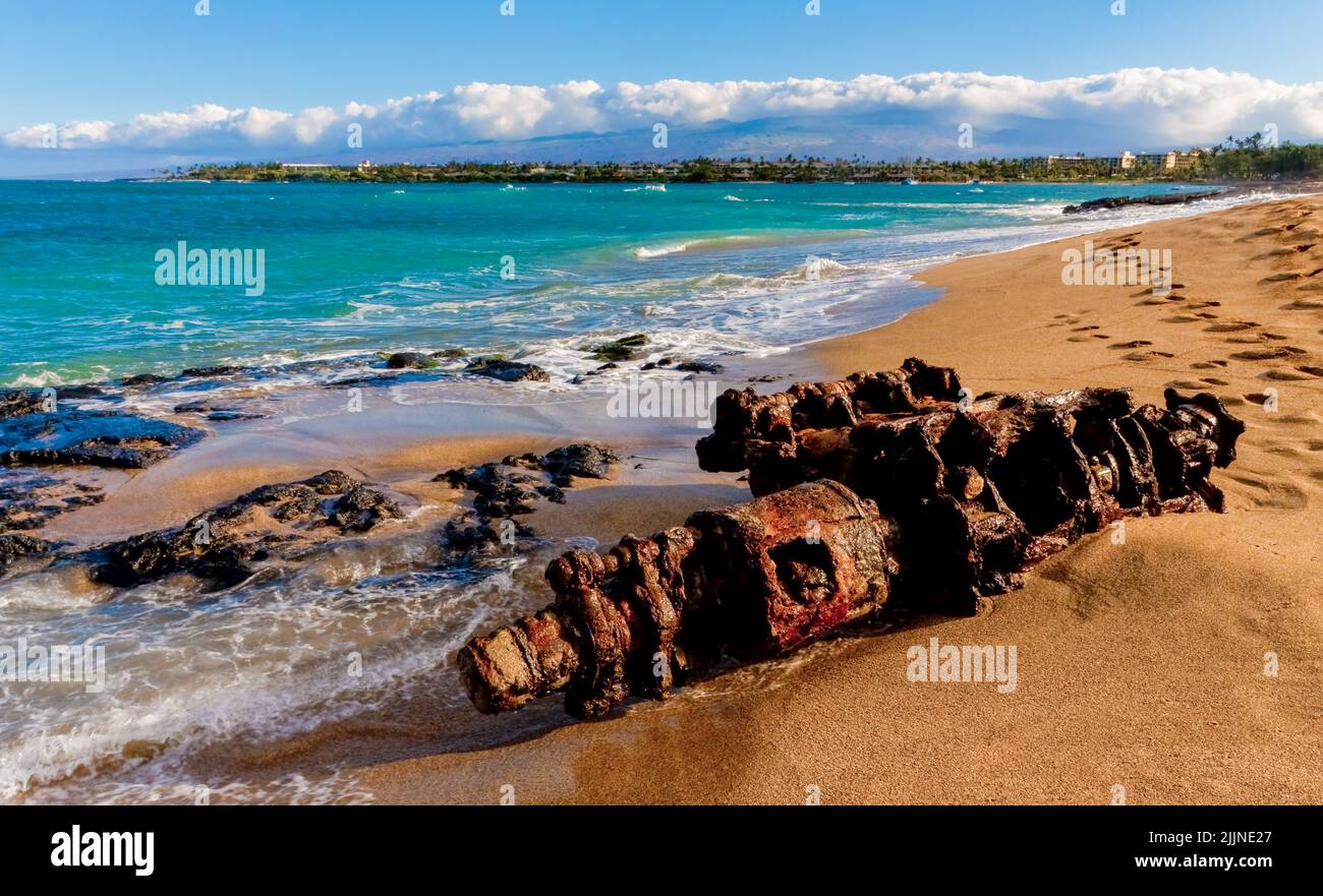Vintage Diesel Engine From an Unknown Shipwreck Washed Up On The Shores of Anaeho'omalu Bay, Near Waikoloa, Hawaii Island, Hawai,USA Stock Photo