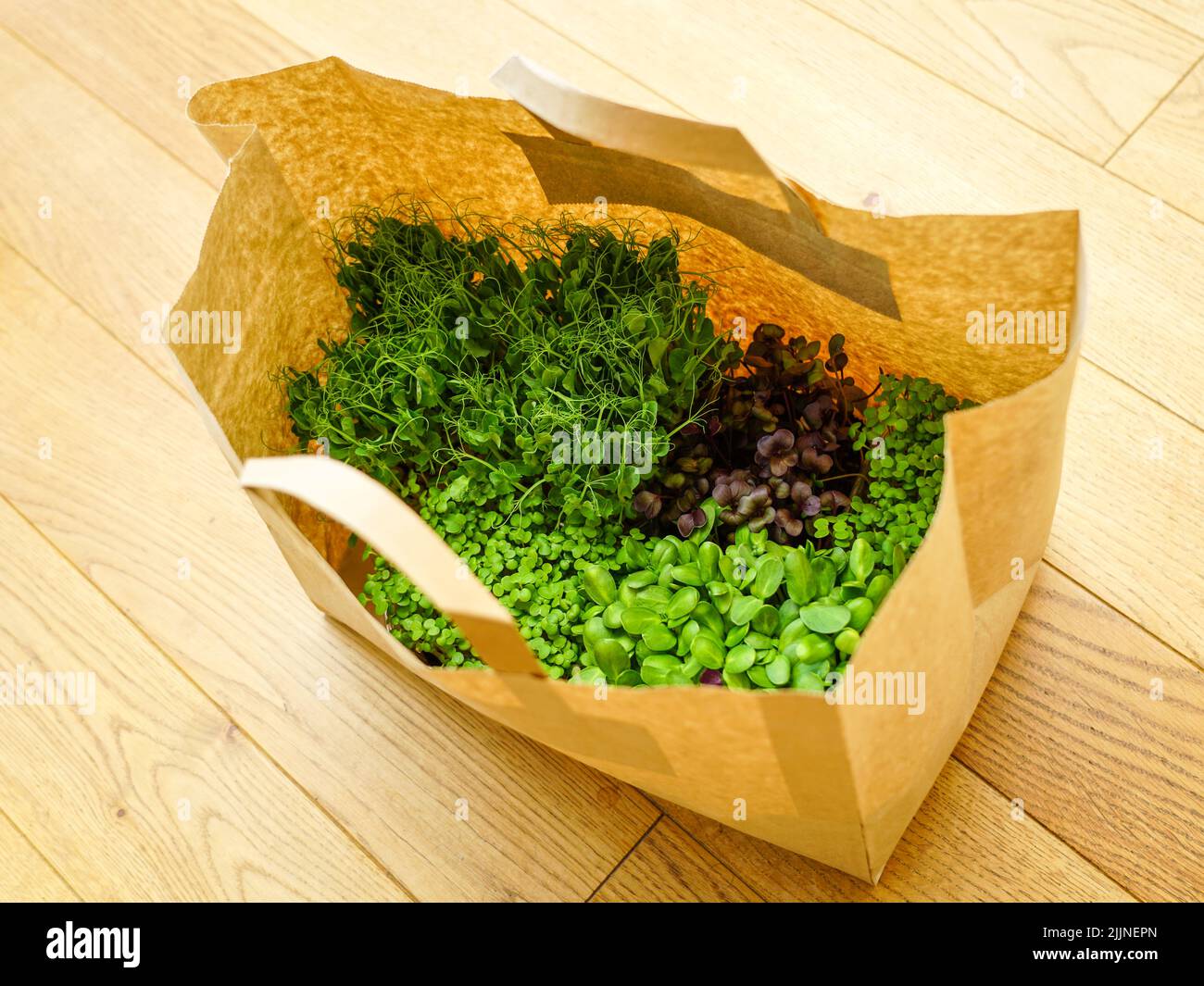 Radish, sunflower, mustard and beans pea sprouts in a paper bag from