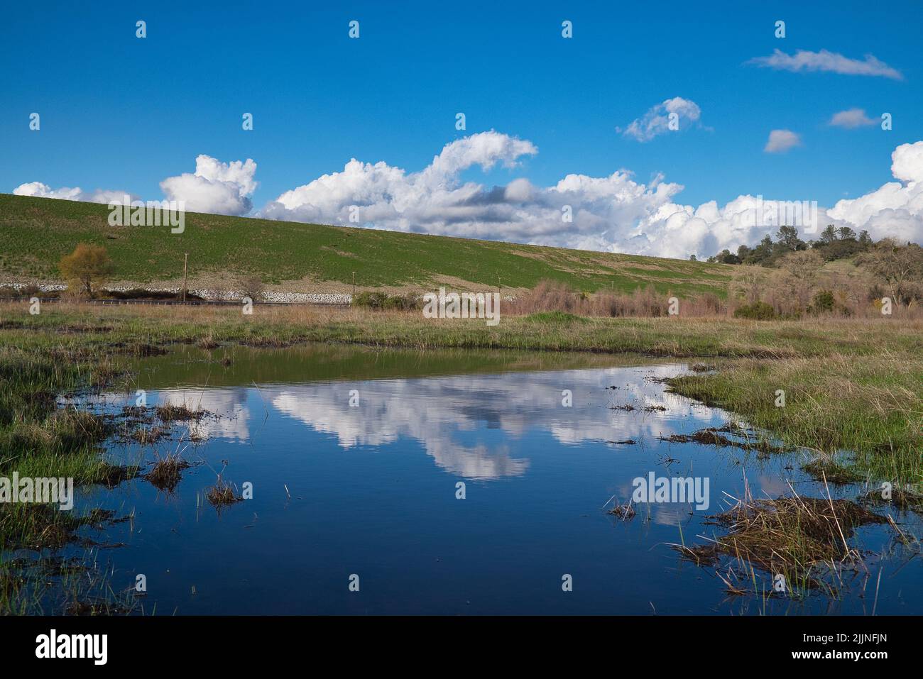 The reflection of the clouds in a lake in Folsom, CA Stock Photo