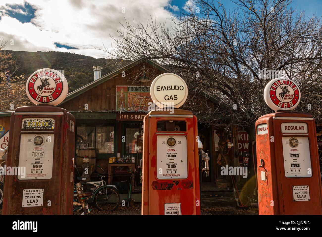 Vintage Gas Pumps at Filling Station, Embudo, New Mexico, USA Stock Photo