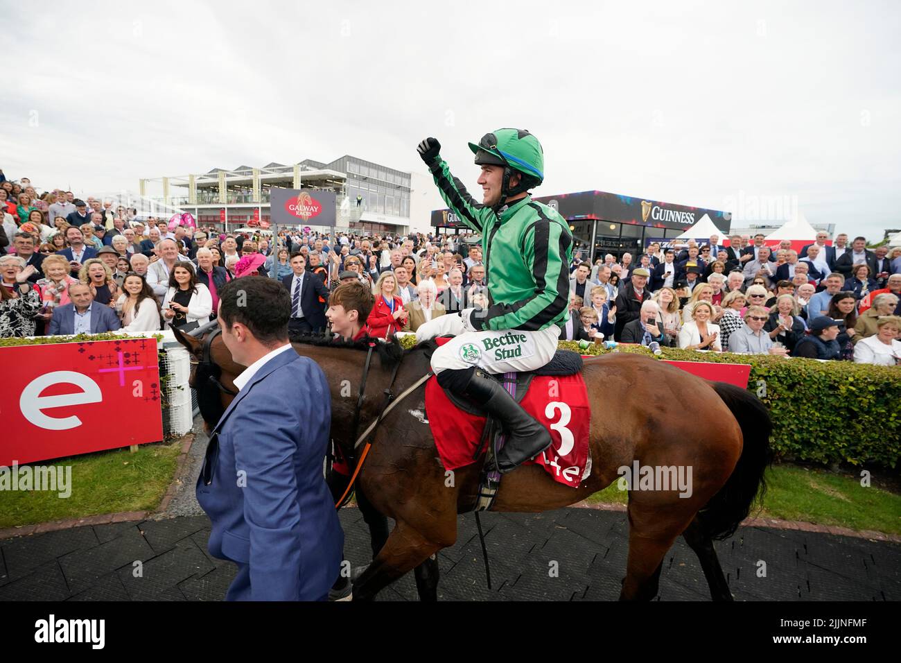 Hewick and Jockey Jordan Gainford in the parade ring after winning the The Tote Galway Plate during day three of the Galway Races Summer Festival 2022 at Galway Racecourse in County Galway, Ireland. Picture date: Wednesday July 27, 2022. Stock Photo