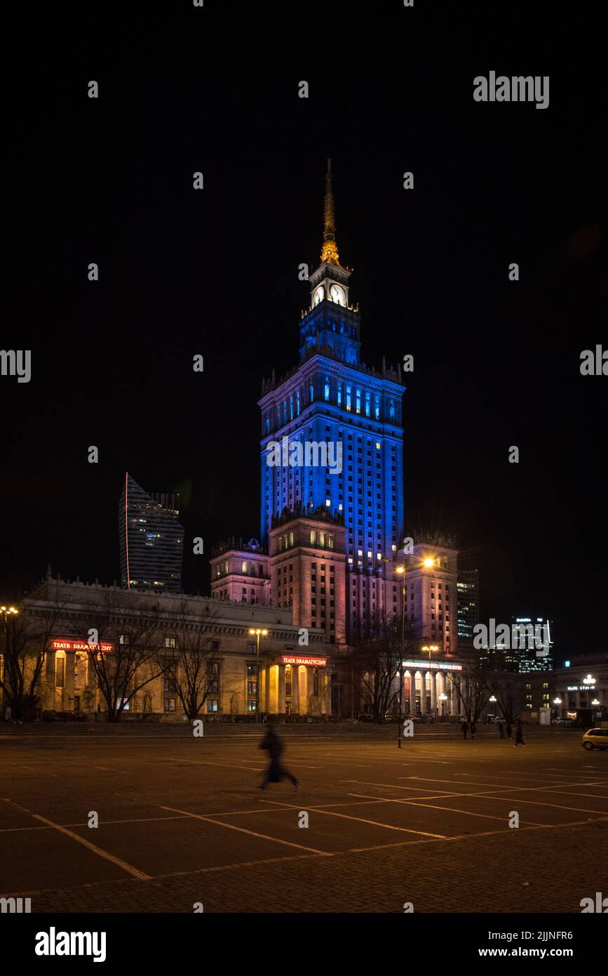 The Palace of Culture and Science Warsw lit up for Ukraine Stock Photo