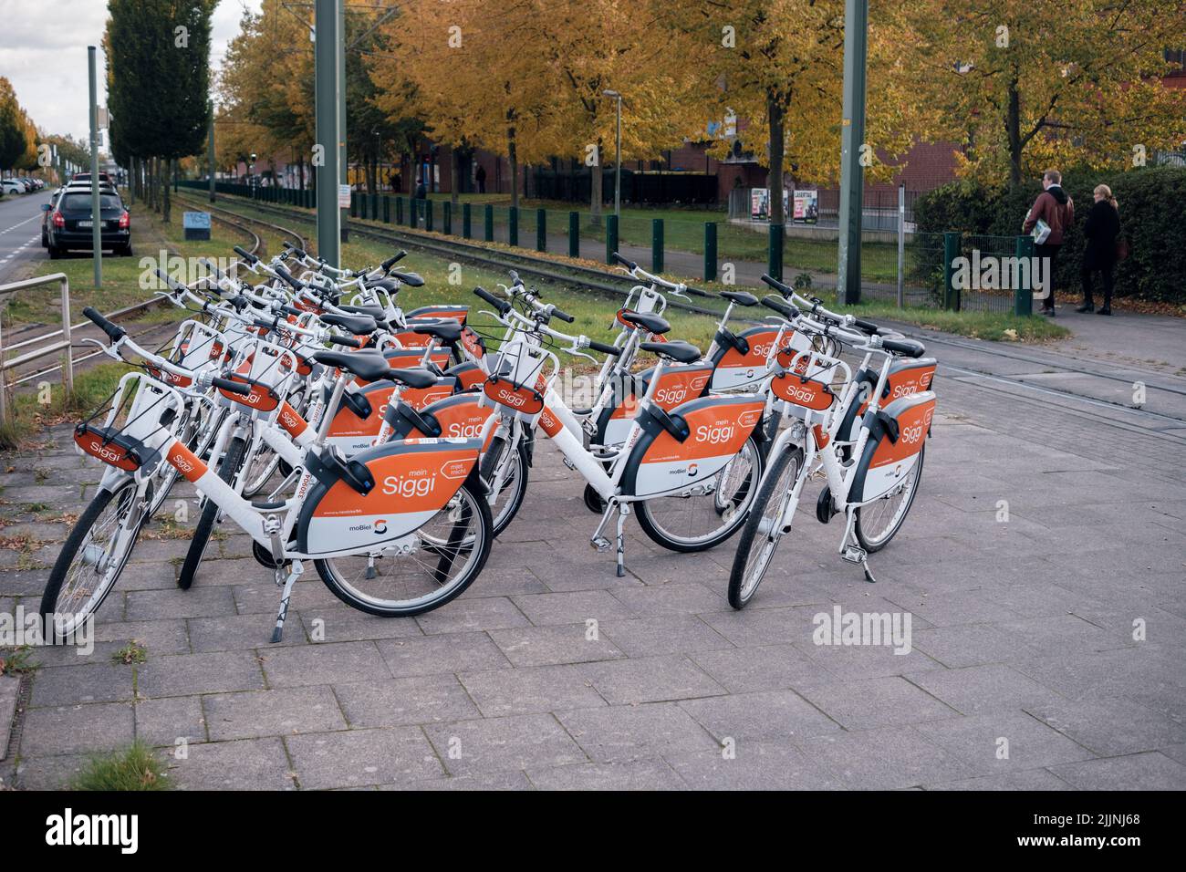 A scenic shot of a bicycle fleet at Zehlendorfer Damm in Bielefeld, Germany Stock Photo